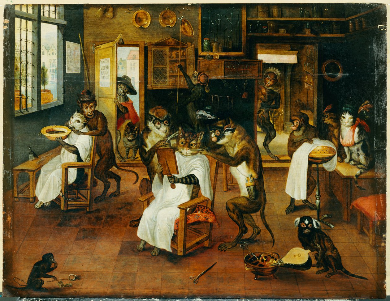 A Lingerie: Macaco barbeiros servindo gatos de Jan van Kessel