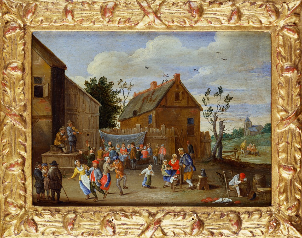 Um banquete de casamento no pátio de uma pousada de Jan van Kessel