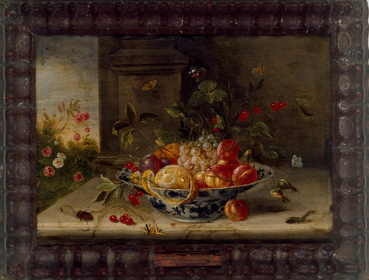 Composição decorativa de natureza morta com tigela de porcelana, frutas e insetos, meados do séc. de Jan van Kessel