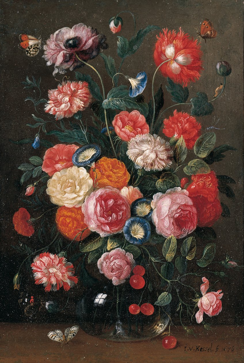 Rosas, cravos, glória da manhã, uma papoula e um raminho de cerejas em um vaso de vidro, uma parede marrom, uma ponta laranja, um almirante vermelho e uma borboleta pega em uma mesa, 1676 de Jan van Kessel