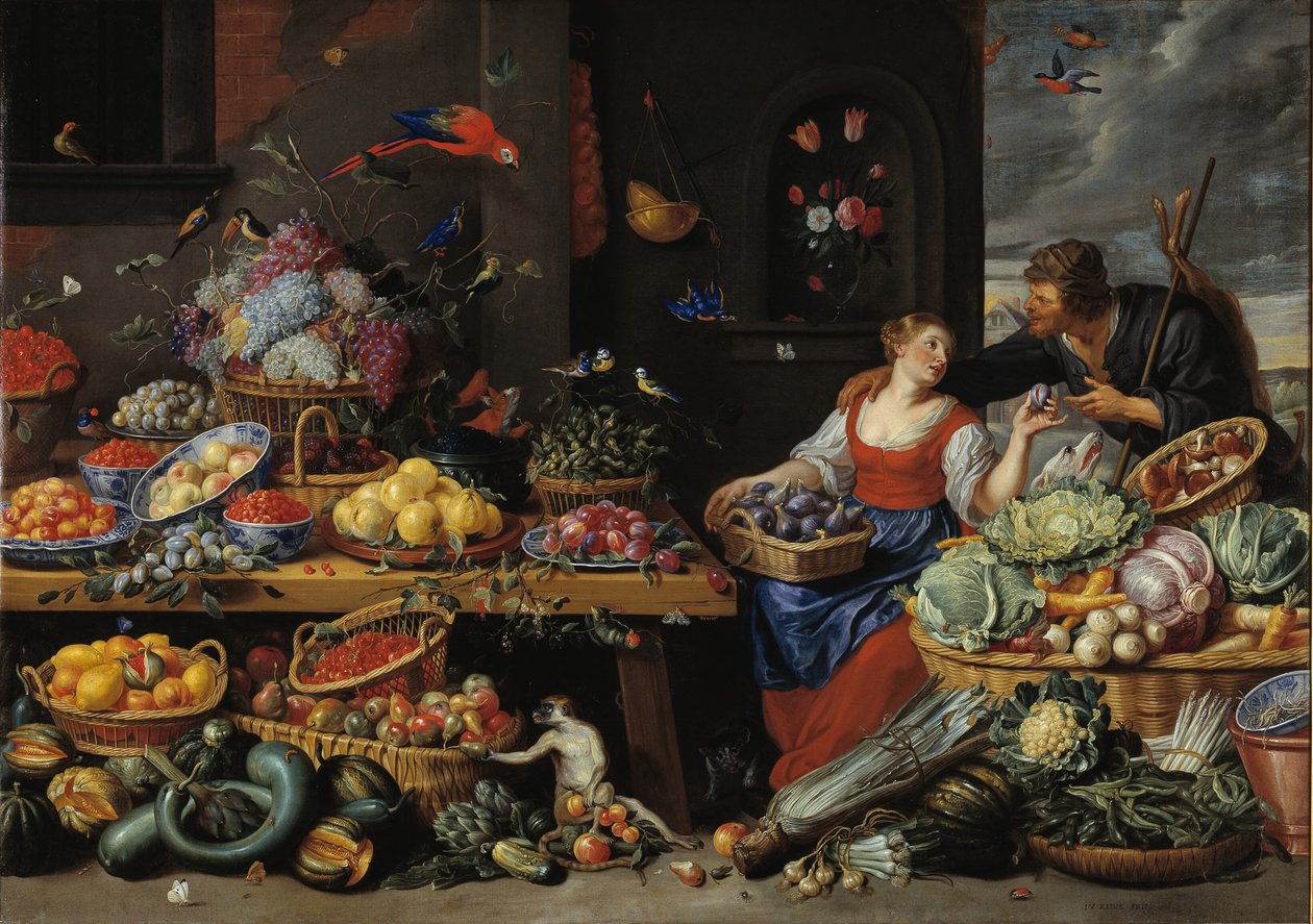 Mercado de frutas e legumes com um jovem vendedor de frutas de Jan van Kessel d.Æ.