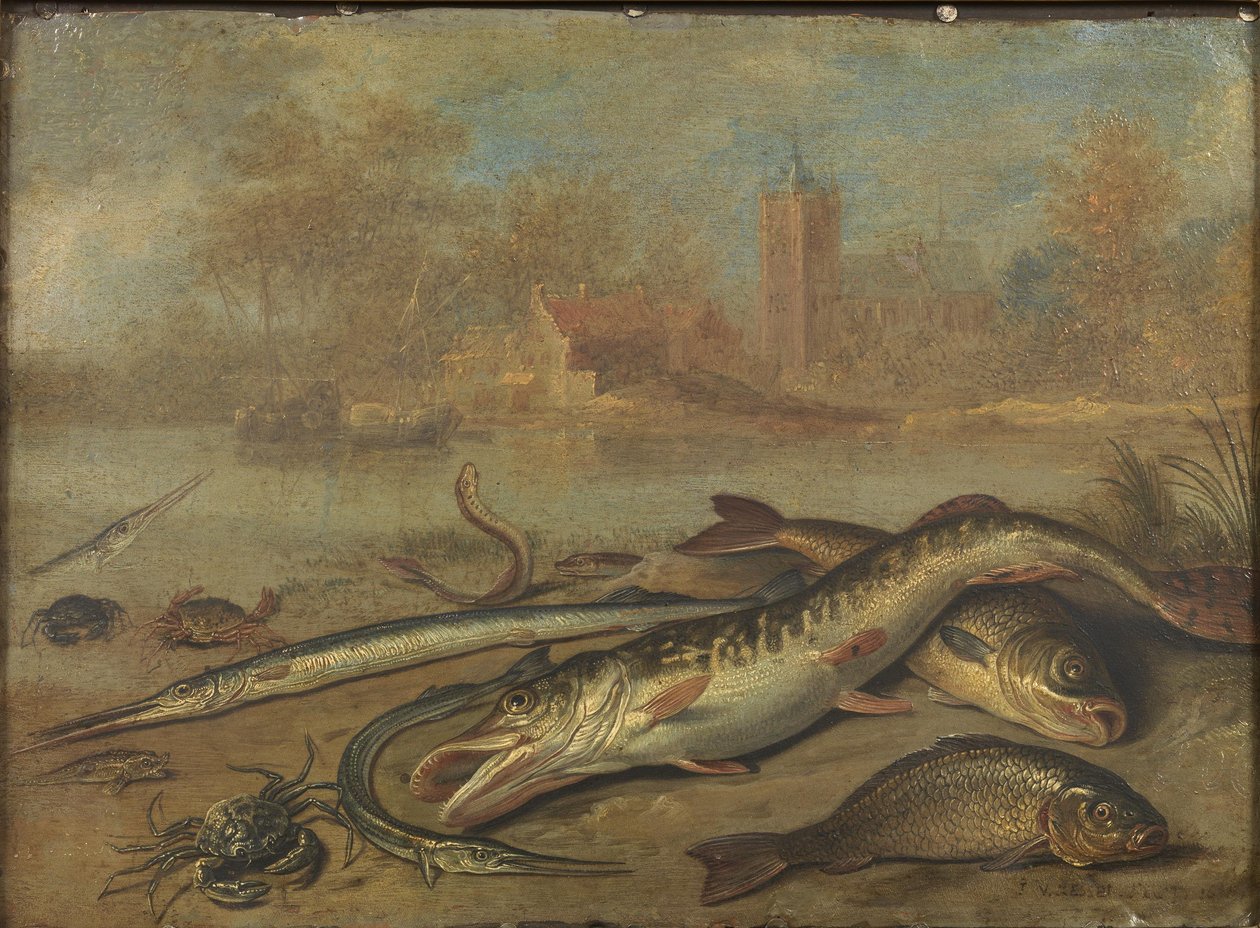 Peixes e paisagem de Jan van Kessel the Elder