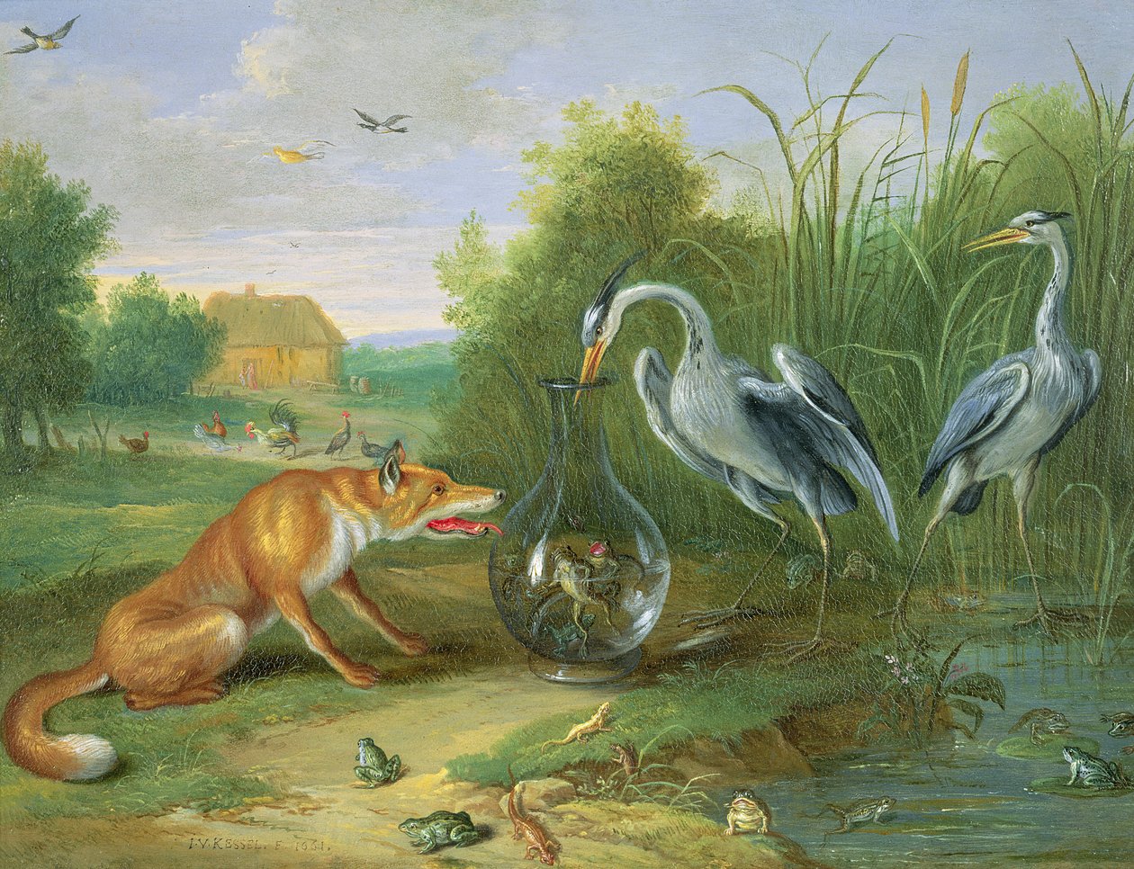 A Garça e a Raposa, 1661 (óleo sobre cobre) de Jan van Kessel the Elder