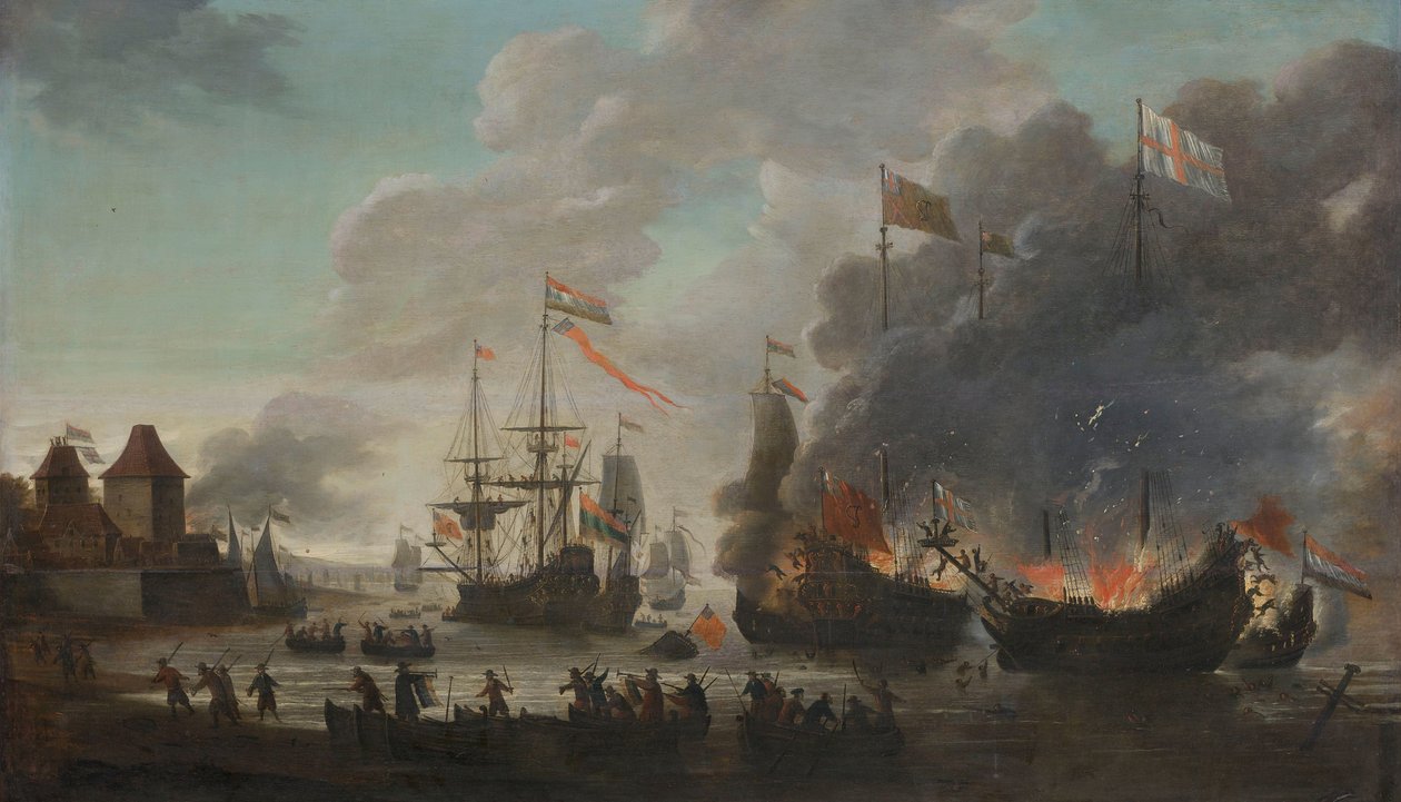 Os navios ingleses holandeses em chamas durante o Raid holandês no Medway, 20 de Junho de 1667 de Jan van Leyden