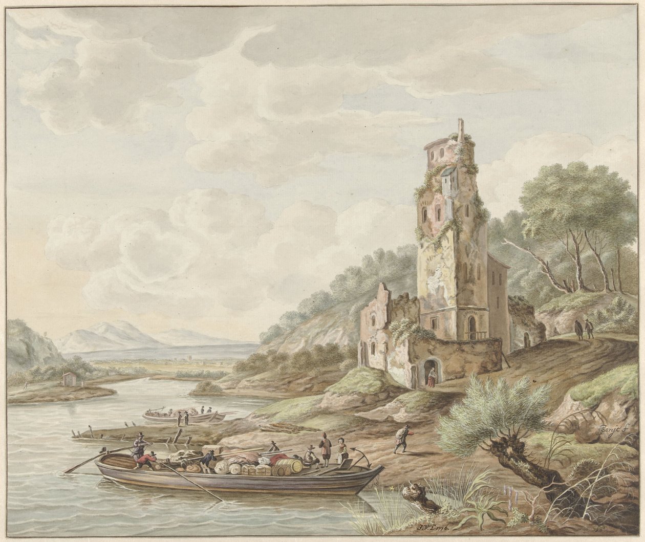 Paisagem com uma barca com mercadorias em um castelo de Jan van Lockhorst