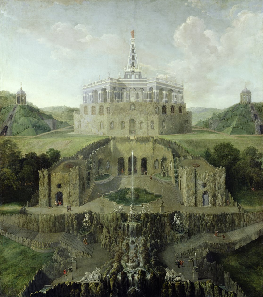 Vista das cachoeiras Riesenkopf sobre a gruta da água distorcida para o octógono, depois de 1716 de Jan van Nickelen