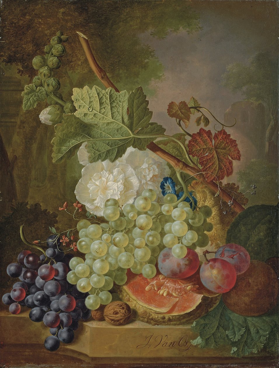 Flores, uvas, ameixas, nozes e um melão num parapeito de pedra de Jan van Os