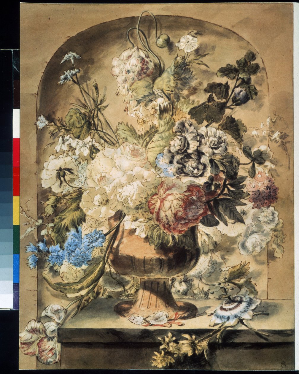""Natureza morta com flores"" Aquarela de Jan van Os (1744-1808) Museu Pushkin do século XVIII, Moscou de Jan van Os