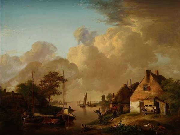 Paisagem fluvial com aldeia, barcaças e camponeses de Jan van Os