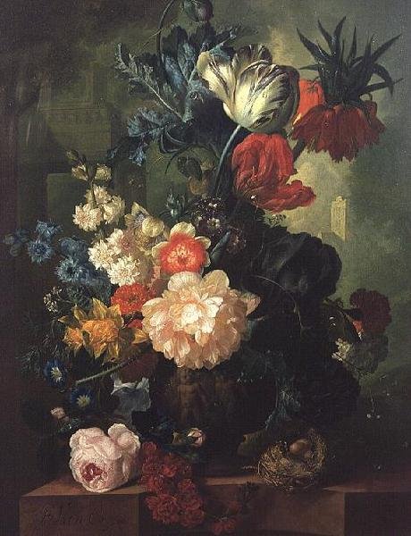 Rosas, Túlipas, Cravos e outras flores numa urna esculpida de Jan van Os