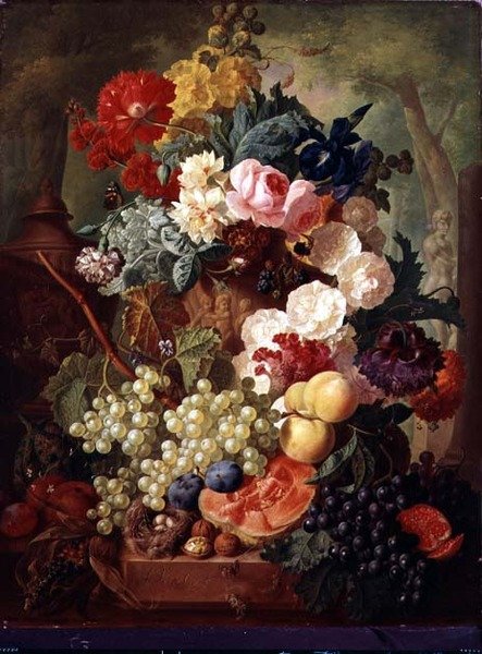 Rosas, uma íris e uma papoila de Jan van Os