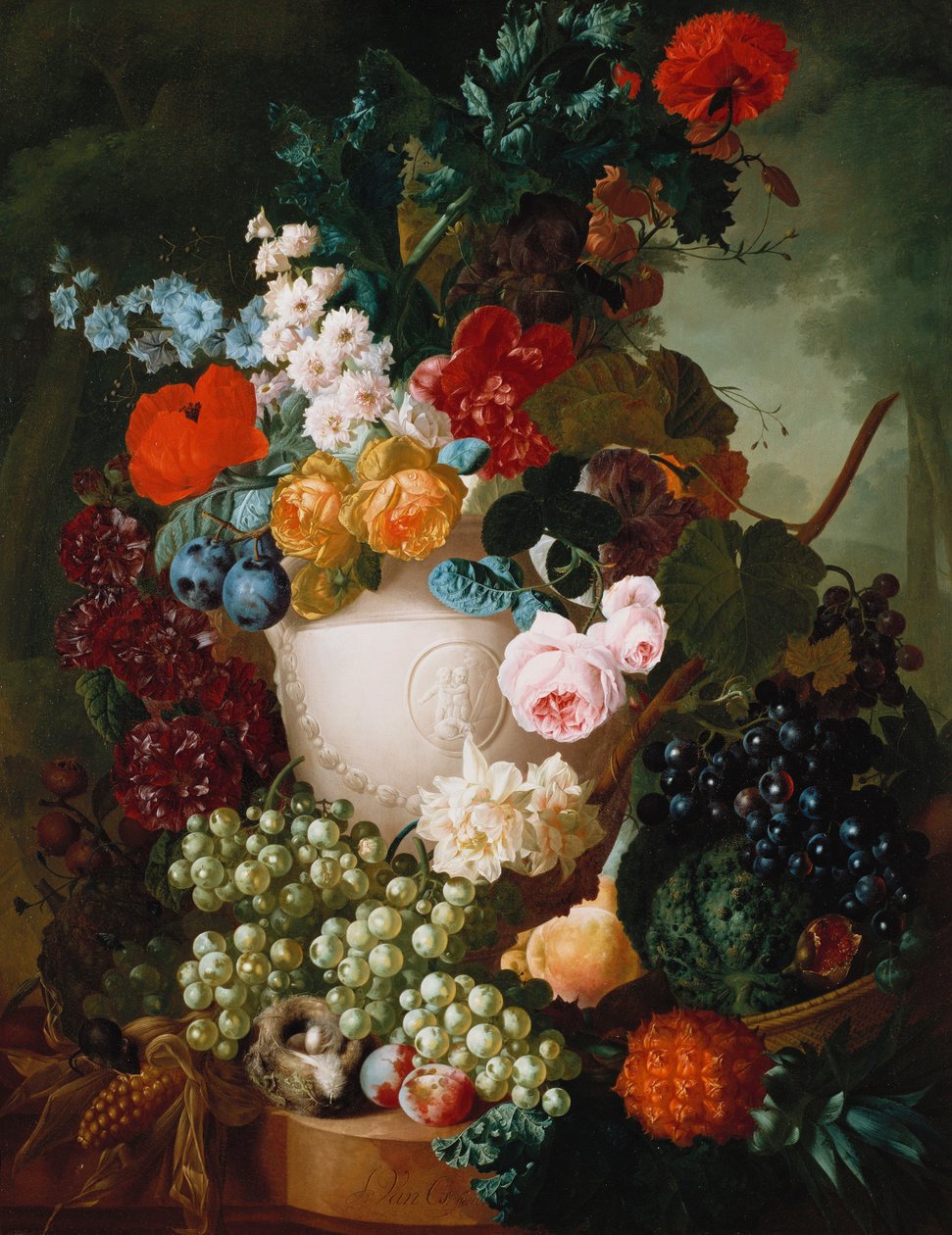 Rosas, papoulas e outras flores em um vaso esculpido com frutas, um rato e um ninho de pássaro em uma borda de pedra de Jan van Os