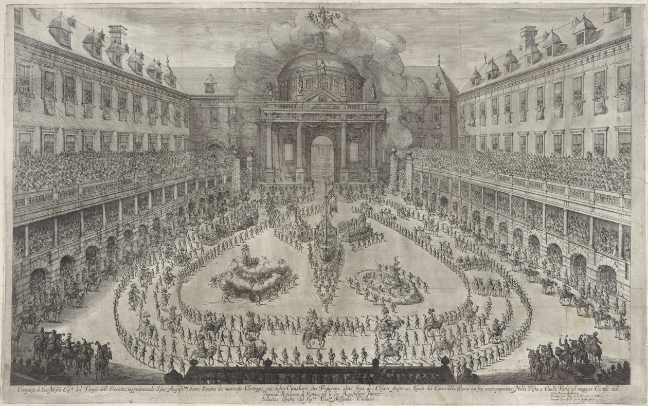 Carrossel no Hofburg em Viena
Ballet a cavalo por ocasião do casamento do Imperador Leopoldo I e Margaret Theresa de Espanha (título da série) de Jan van Ossenbeeck