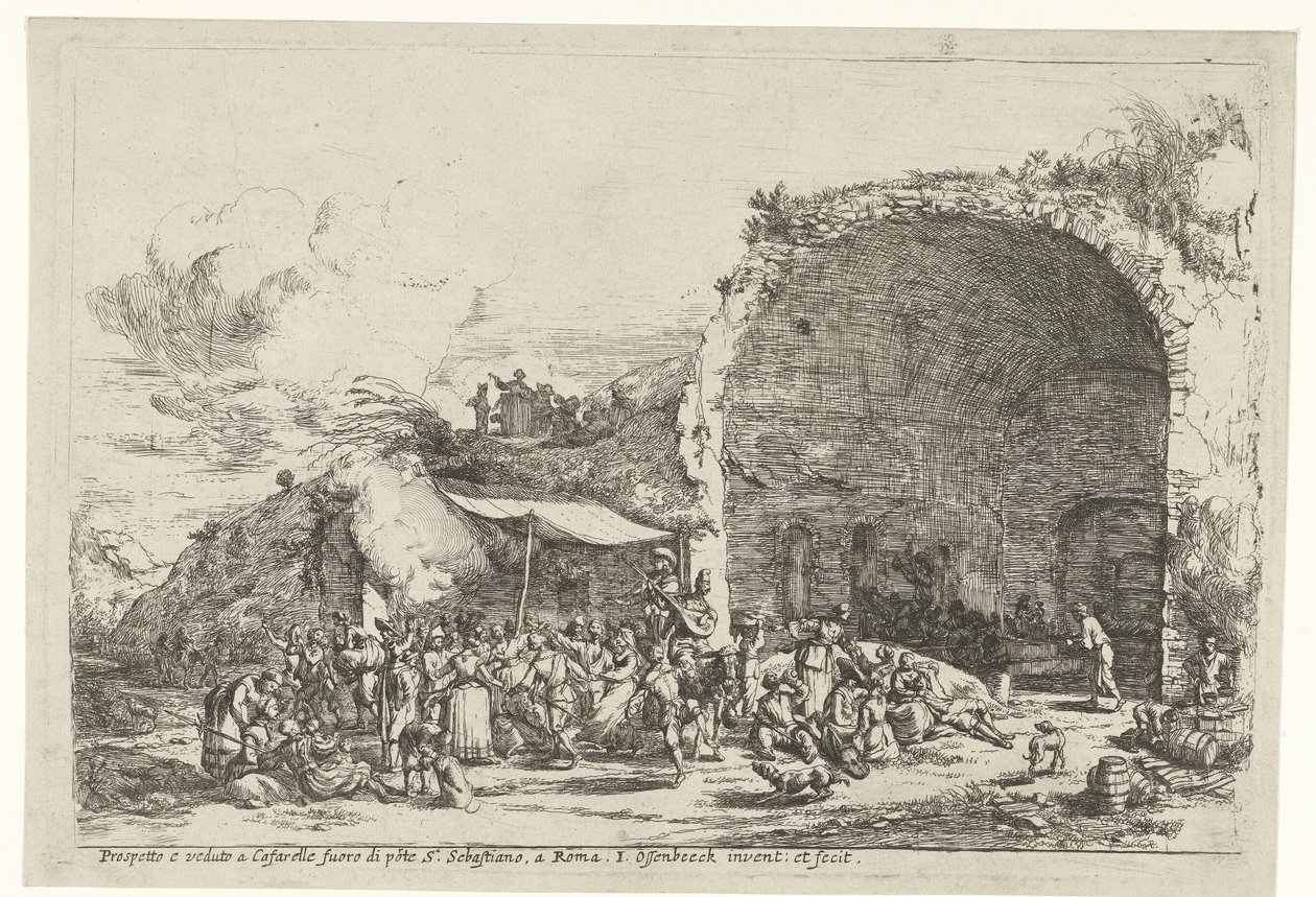 Festividades nas ruínas da caverna da ninfa Egeria
Prospetto e veduto a Cafarelle fuoro di porte S. Sebastiano, um cigano (título sobre o objecto) de Jan van Ossenbeeck