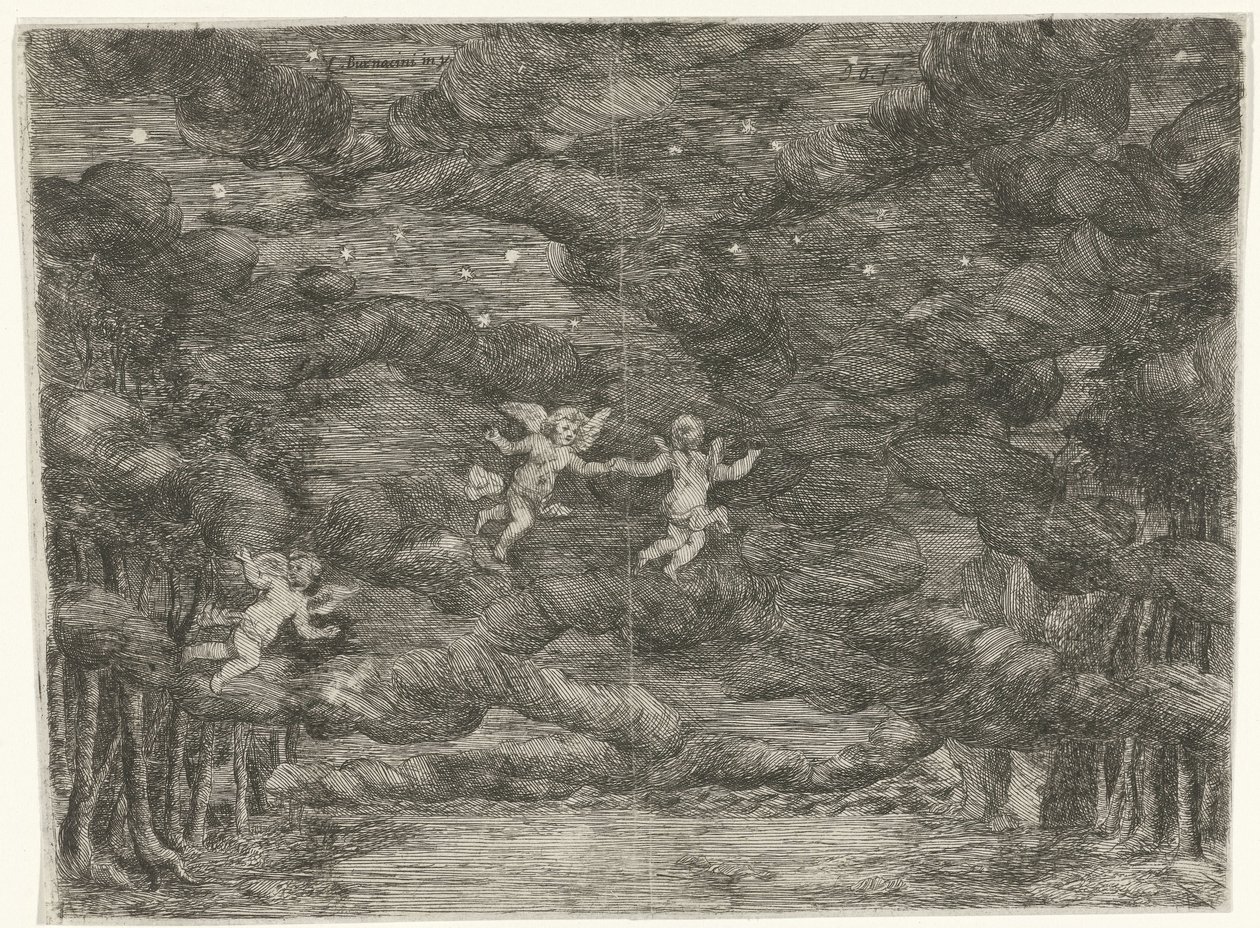 Decoração de palco com anjos no céu noturno de Jan van Ossenbeeck