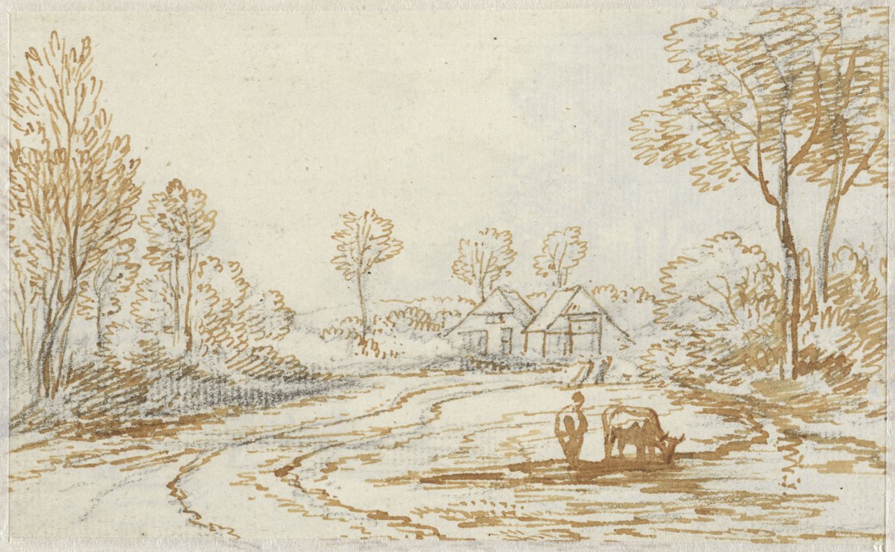 Paisagem com pastores e gado, com duas casas no fundo de Jan van Ravenswaay