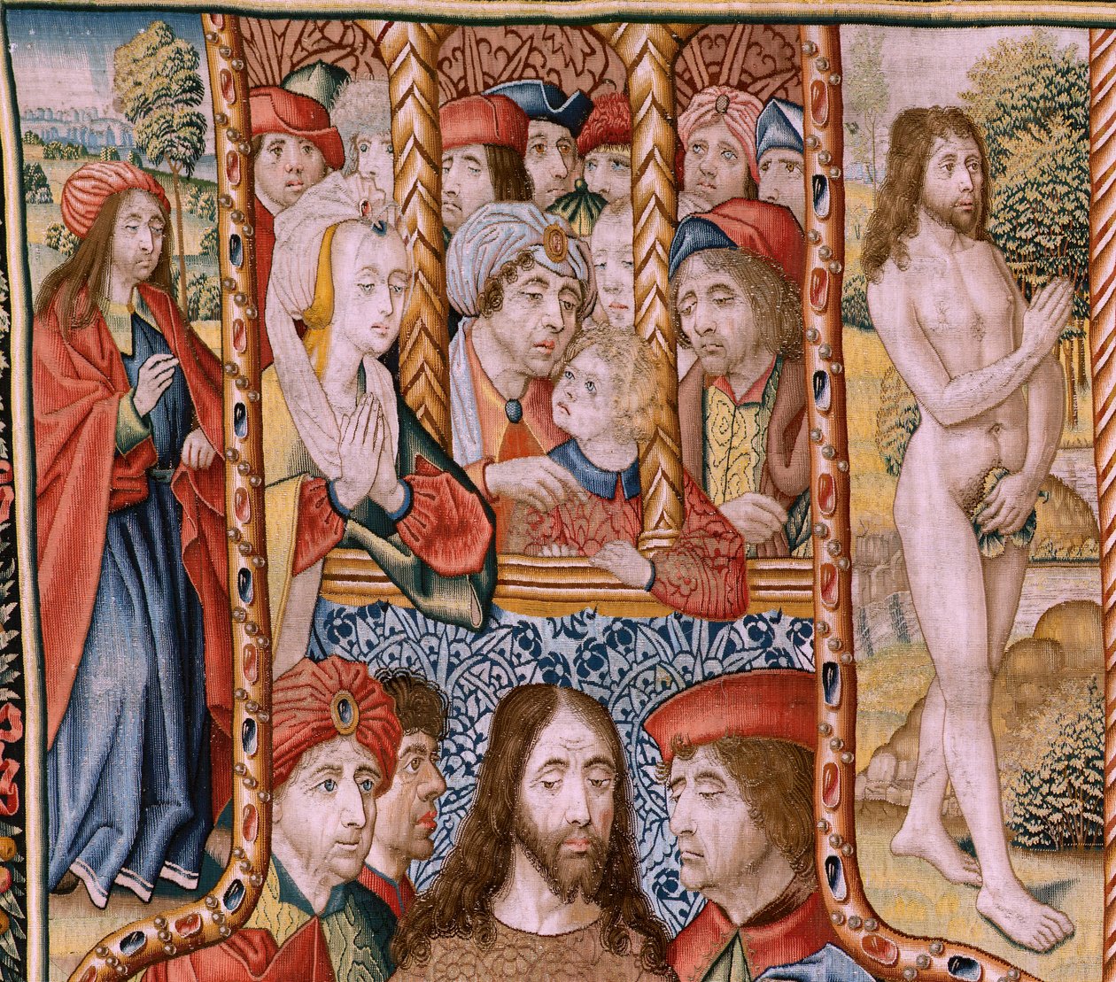 tapeçaria flamenga. Episódios da série de A Vida da Virgem. As profecias são cumpridas no nascimento de Cristo (cumprimento das profecias no nascimento do Filho de Deus). Primeira tapeçaria da série. Modelos atribuídos a Jan von Roome (ou van B de Jan van Roome
