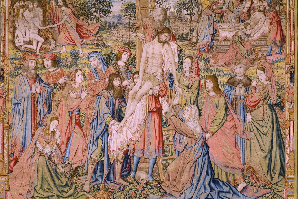 Tapeçaria flamenga. Série A paixão de Cristo: Descendência da cruz (Kruisafneming, Descendimiento de la cruz). Fabrico Pieter van Aelst. Cartoonista Jan van Roome. Ca 1507-1520. Detalhe. de Jan van Roome