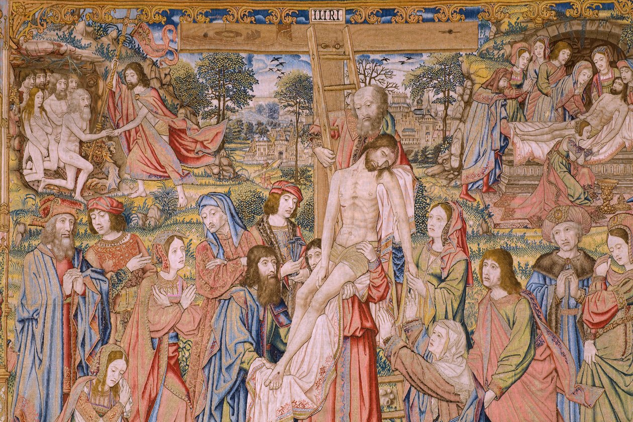 Tapeçaria flamenga. Série A paixão de Cristo: Descendência da cruz (Kruisafneming, Descendimiento de la cruz). Fabrico Pieter van Aelst. Cartoonista Jan van Roome. Ca 1507-1520. Detalhe. de Jan van Roome