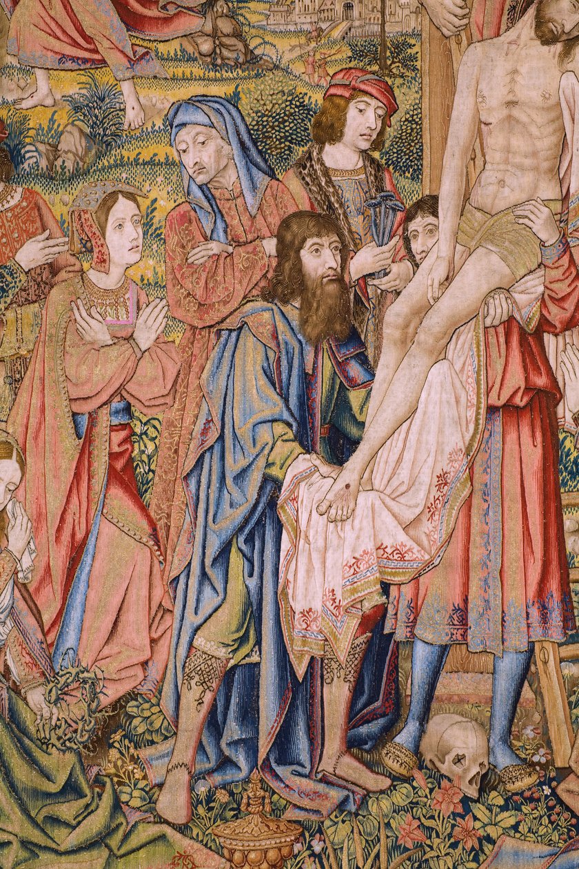 tapeçaria flamenga. Série A paixão de Cristo: Descida da cruz (Kruisafneming, Descendimiento de la cruz). Fabricação Pieter van Aelst. O cartunista Jan van Roome. Ca 1507-1520. Detalhe. de Jan van Roome