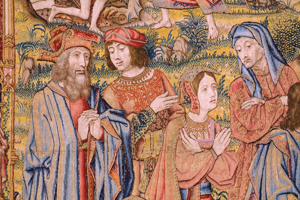 tapeçaria flamenga. Série A paixão de Cristo: Descida da cruz (Kruisafneming, Descendimiento de la cruz). Fabricação Pieter van Aelst. O cartunista Jan van Roome. Ca 1507-1520. Detalhe. de Jan van Roome