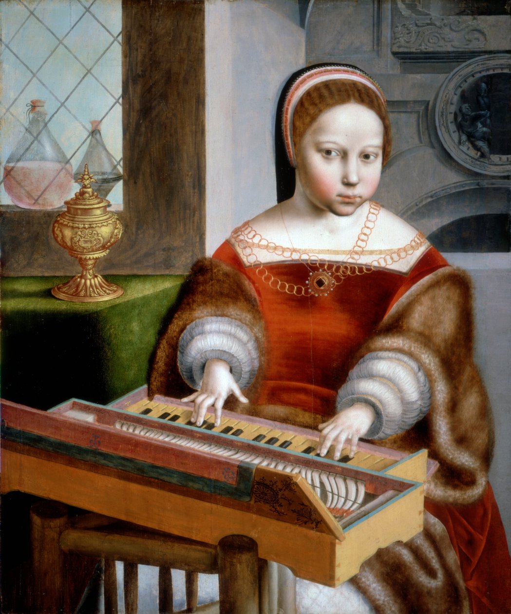 Mulher jovem, tocando, um, clavichord de Jan van Sanders workshop of Hemessen