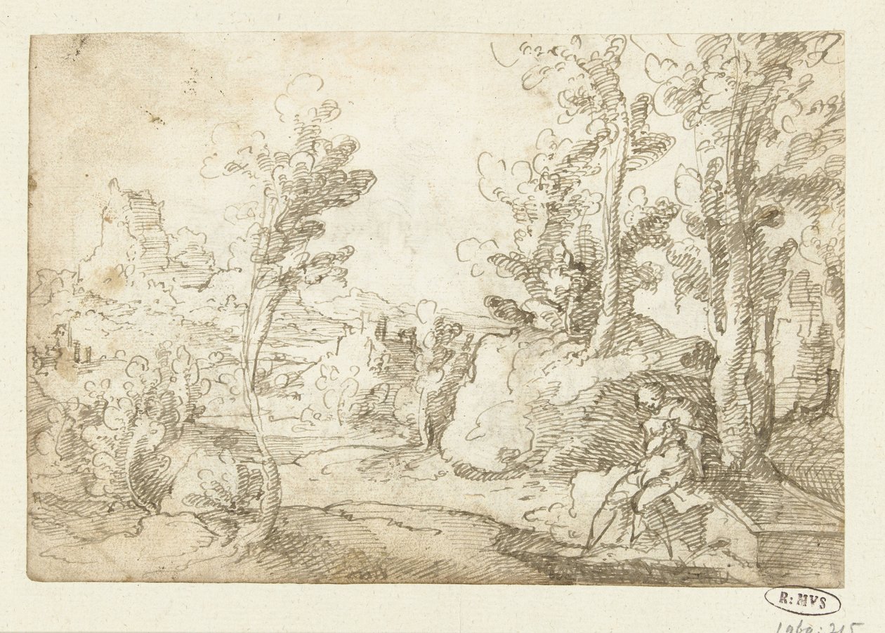 Paisagem com uma figura sentada junto a um poço de Jan van Scorel (attributed to)
