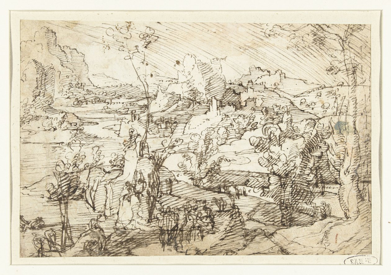 Paisagem com rochas, figuras e um veleiro de Jan van Scorel (attributed to)