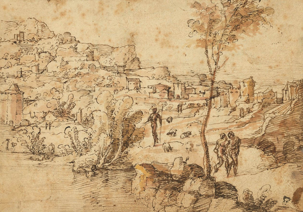 Paisagem com pastores à beira de um rio e uma cidade ao fundo (anverso); Estudos de figuras e ruínas romanas (verso) de Jan van Scorel