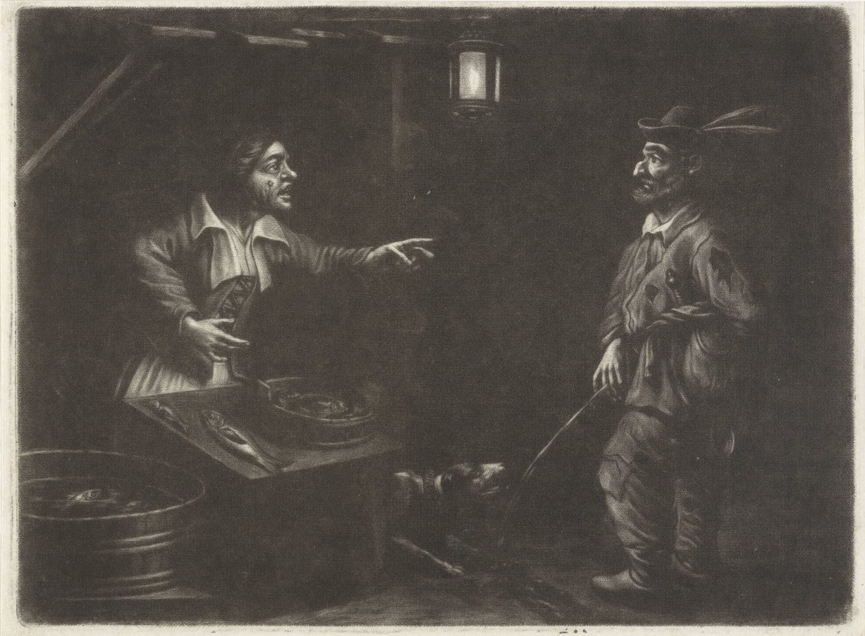 Vista nocturna com vendedor de peixe e homem a urinar de Jan van Somer