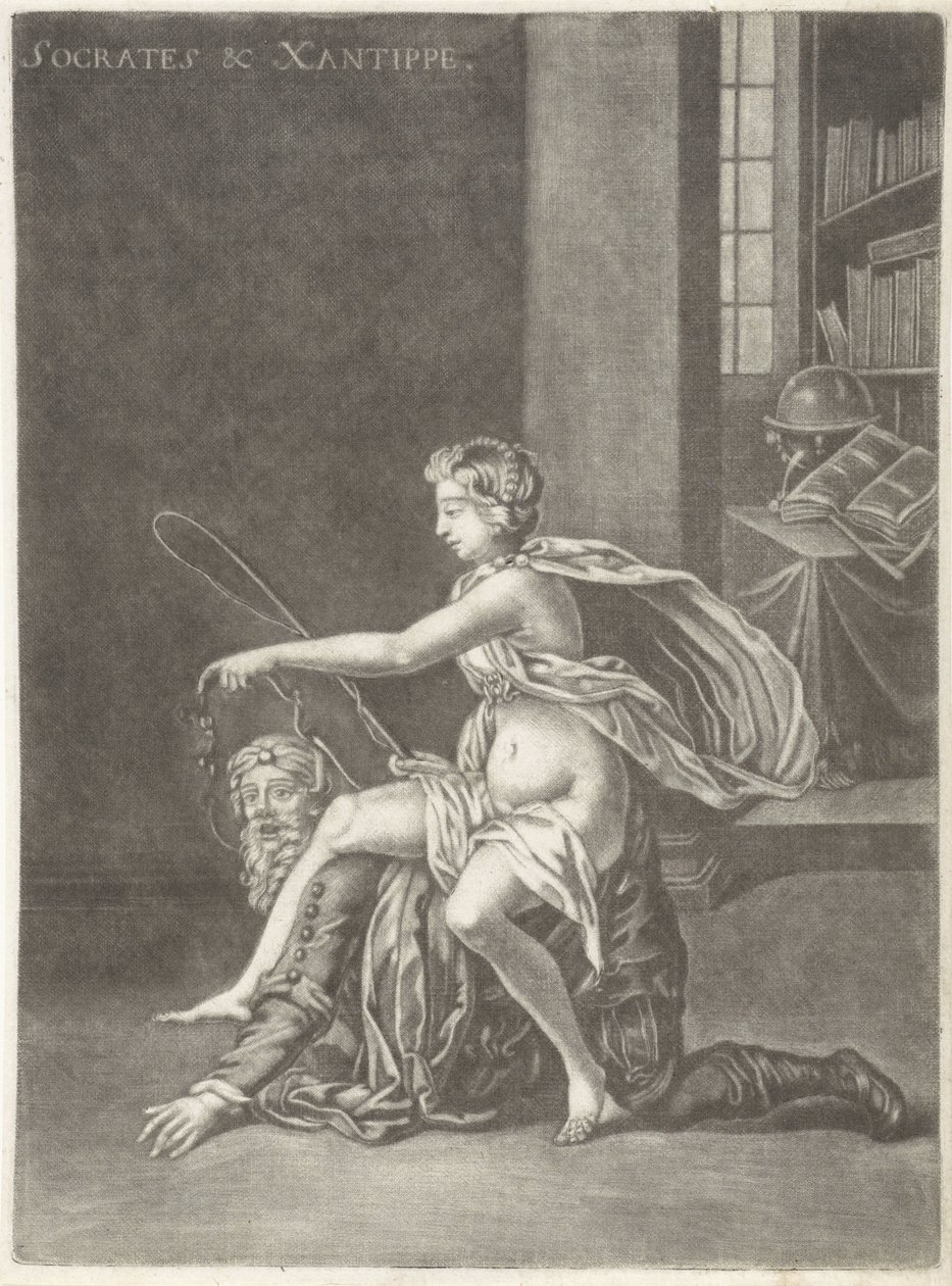 Sócrates zombado por sua esposa Sócrates e Xantipa (título no objeto) de Jan van Somer