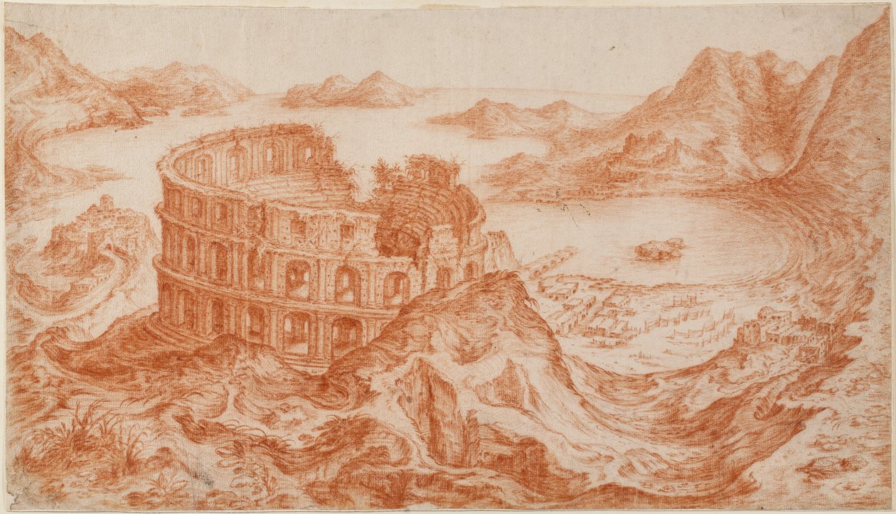 Vista do anfiteatro romano de Pozzuoli com a Baía de Nápoles além (giz vermelho sobre papel) de Jan van Stinemolen