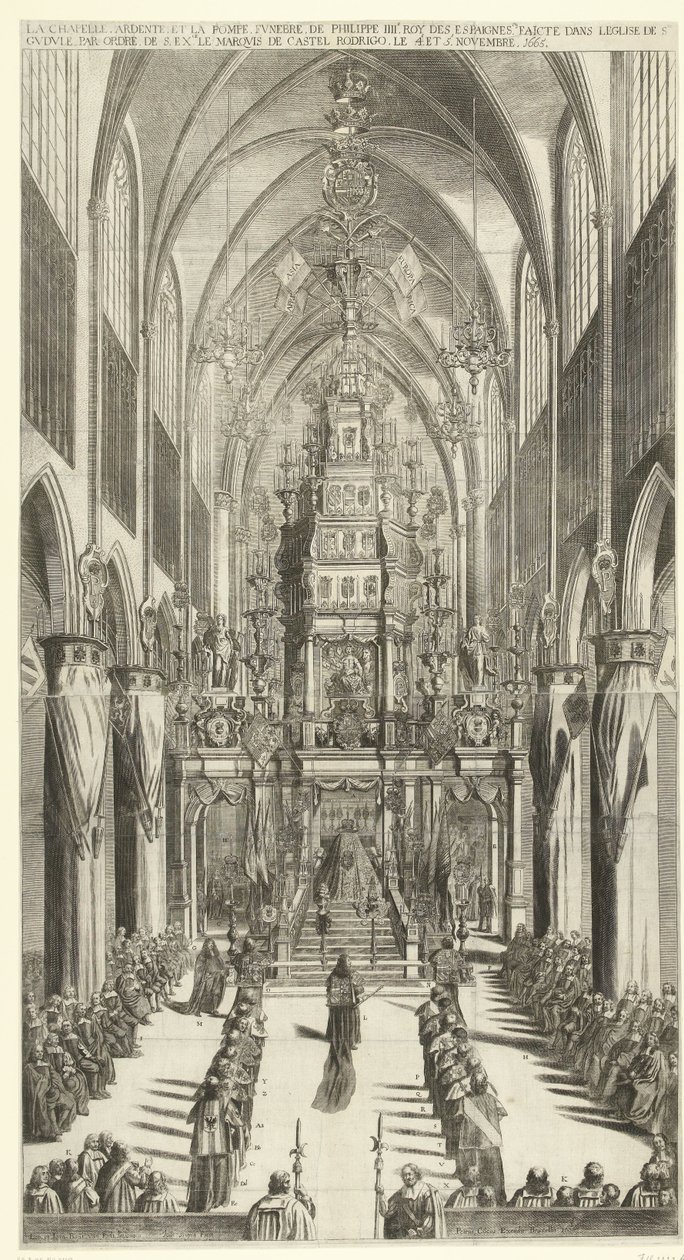 Lijkdienst voor Filips IV te Brussel, 1665
La chapelle ardente, et la pompe funebre de Philippe IIIe roy des Espaignes faicte dans le église de Ste. Gudule par ordre de s. exce. le marquis de Castel Rodrigo le 4e et 5e novembre 1665 (título sobre o object de Jan van Troyen