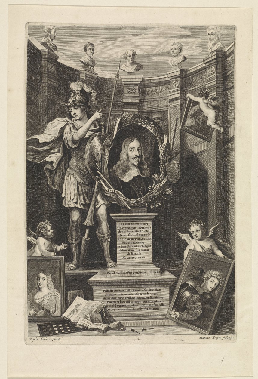 Retrato do Arquiduque Leopold William da Áustria como coleccionador de arte
Theatrum Pictorium (título da série)
Página de título para: David Teniers, Theatrum Pictorium, 1658 de Jan van Troyen