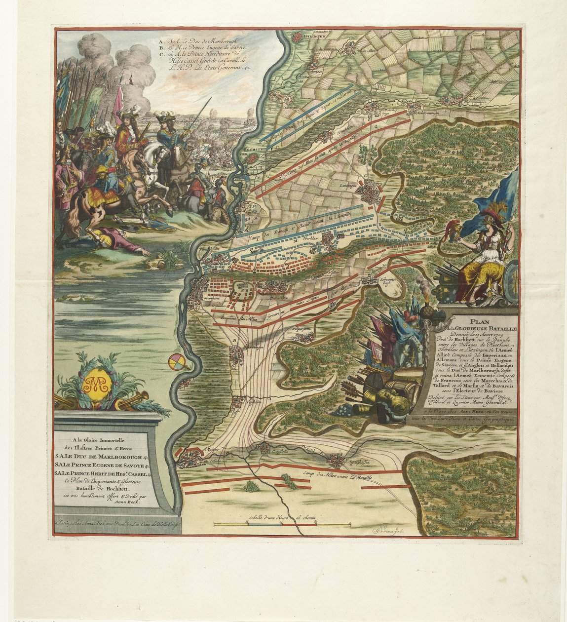 Escória de Höchstädt, 1704 Mapa da gloriosa batalha dada em 13 de agosto perto de Hochstett no Danúbio (...) (título no objeto) de Jan van Vianen