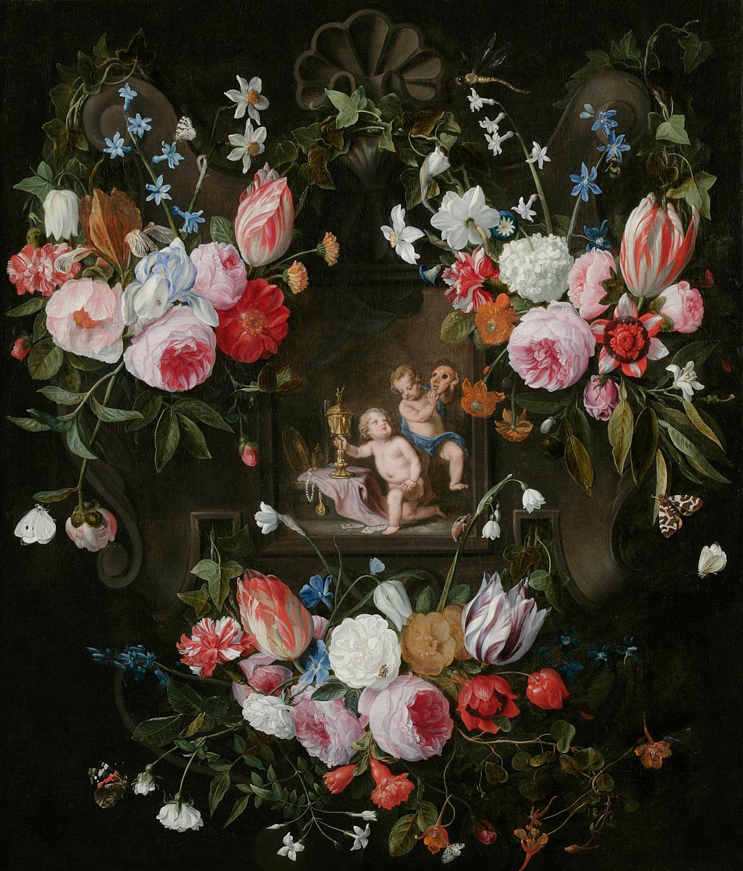 Uma cartela ainda vida de flores em torno de uma imagem alegórica de Putti com objetos caros e uma máscara, 1648 de Jan van and Balen, Hendrik van Kessel