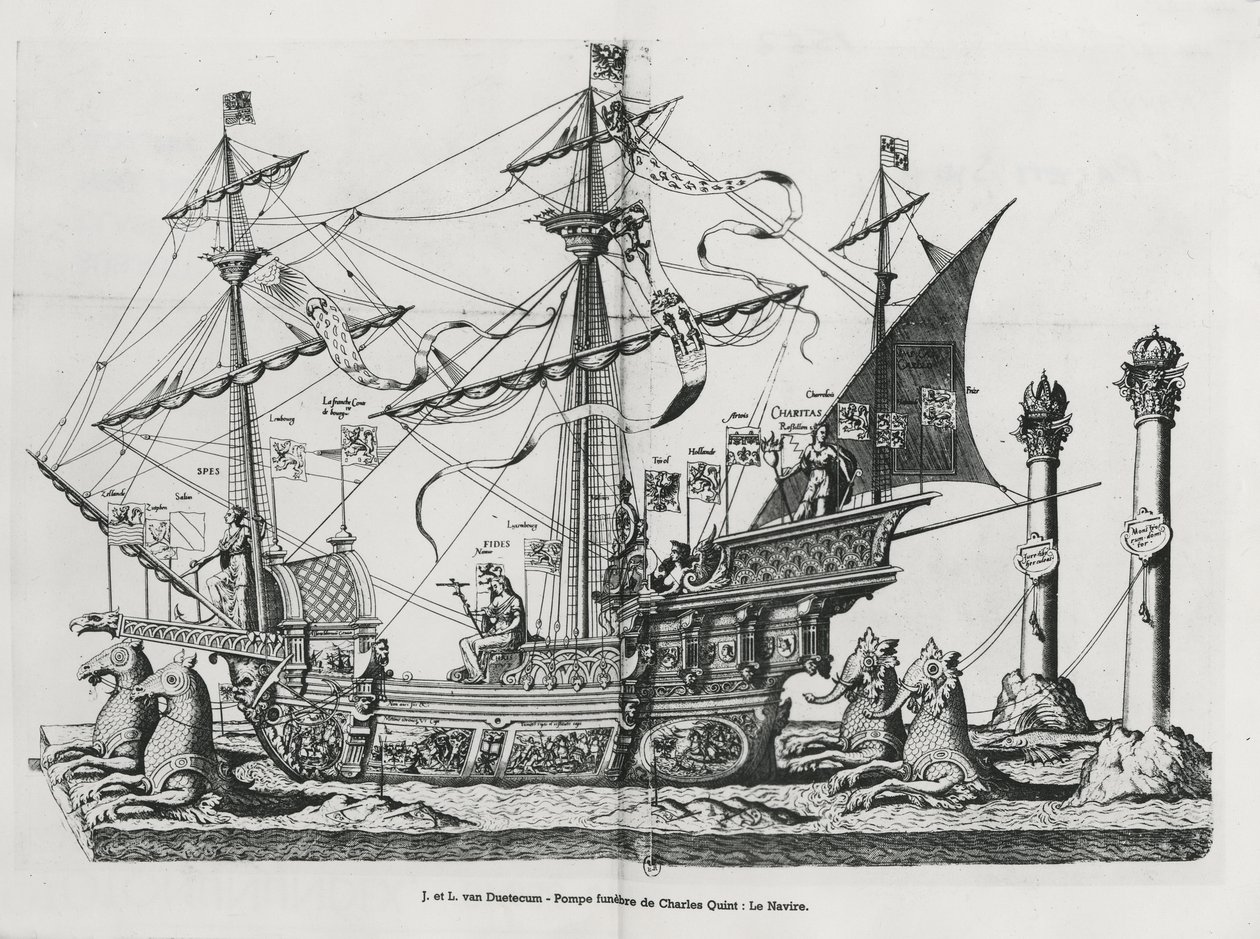 Navio triunfal na procissão fúnebre do imperador Carlos V, 1559 de Jan van and Doetechum Doetechum the elder