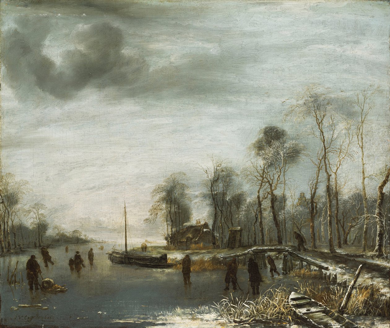 Uma paisagem de inverno com skatistas e jogadores Colf em uma hidrovia congelada, 1653 de Jan van de Capelle or Cappelle