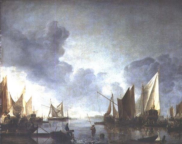 Uma calma, com um dignitário aclamado numa barcaça estatal e pescadores em primeiro plano de Jan van de Capelle or Cappelle