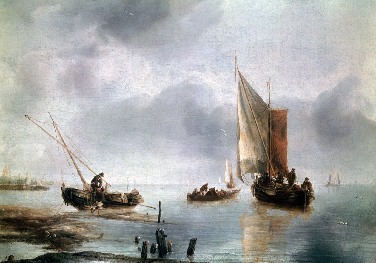 Uma pequena embarcação em ar leve, e outra em terra, cerca de 1650-1660, de Jan van de Cappelle (1624-ca 1679), óleo sobre tela, 34, 8x48 de Jan van de Capelle or Cappelle