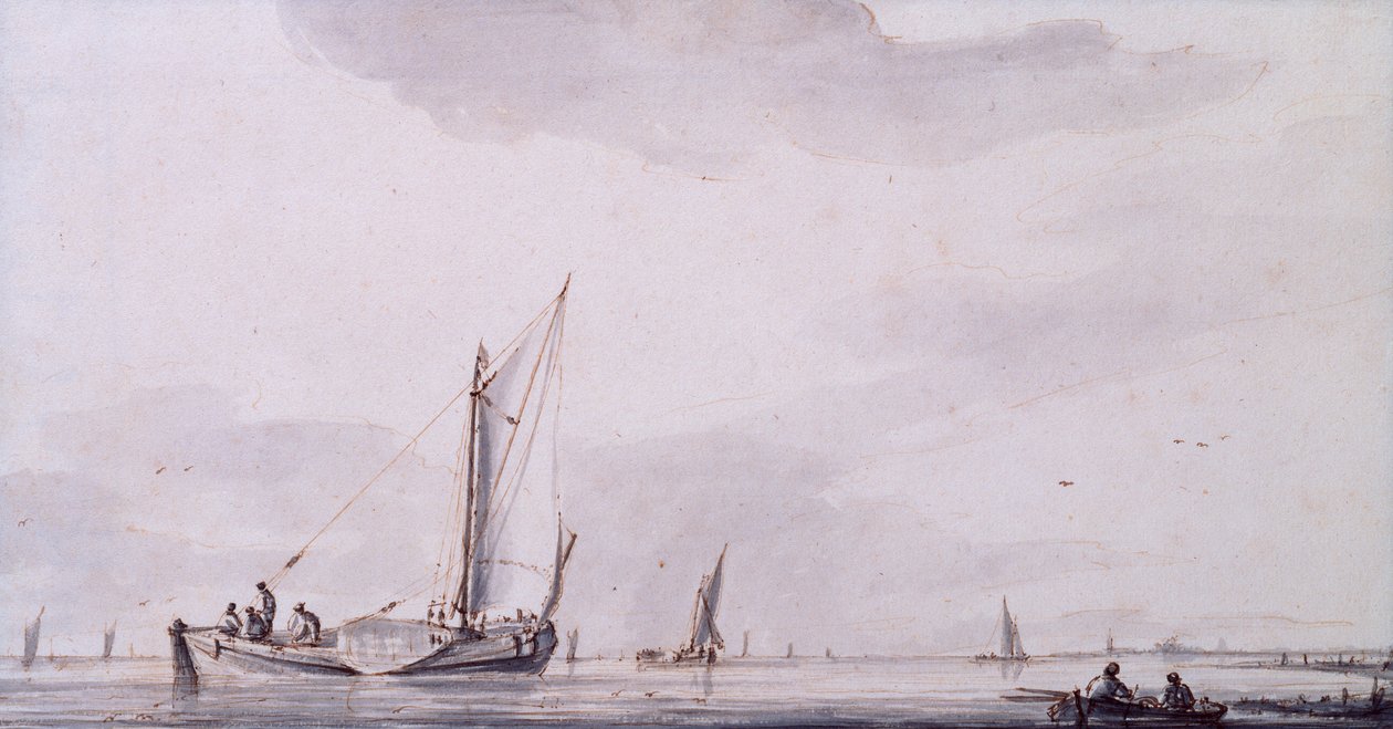 Pescadores e Barcos à Vela num Estuário numa Calmaria (caneta, tinta e lavagem) de Jan van de Capelle or Cappelle