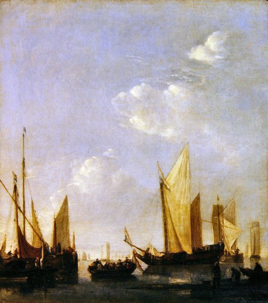 Embarcação ancorada num mar calmo, c.1650 (óleo sobre painel) de Jan van de Capelle or Cappelle