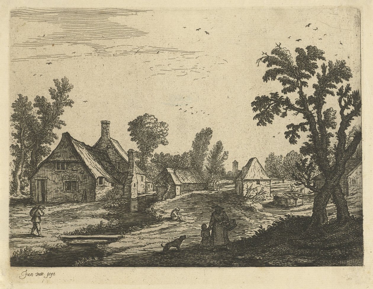 Vista da vila com mulher e criança na rua da vila de Jan van de Cappelle (attributed to)