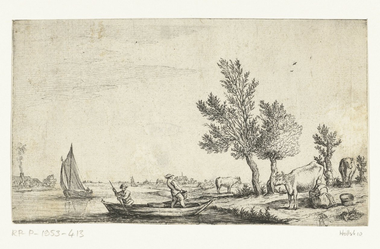 Paisagem fluvial com dois homens num barco a remos de Jan van de Cappelle (attributed to)