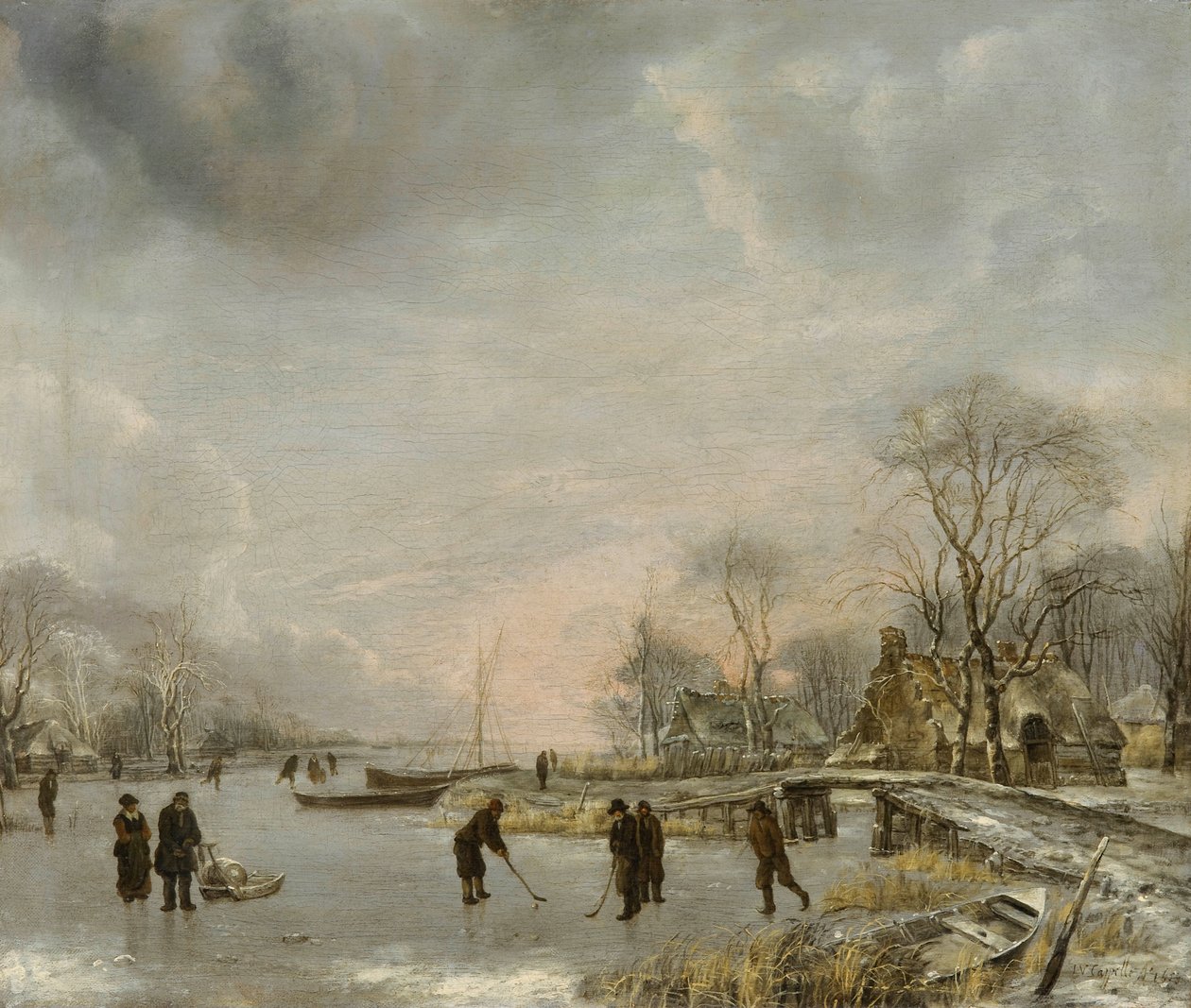 Holandês: Paisagem de inverno com paralelepípedos Uma vista sobre um canal no inverno de Jan van de Cappelle