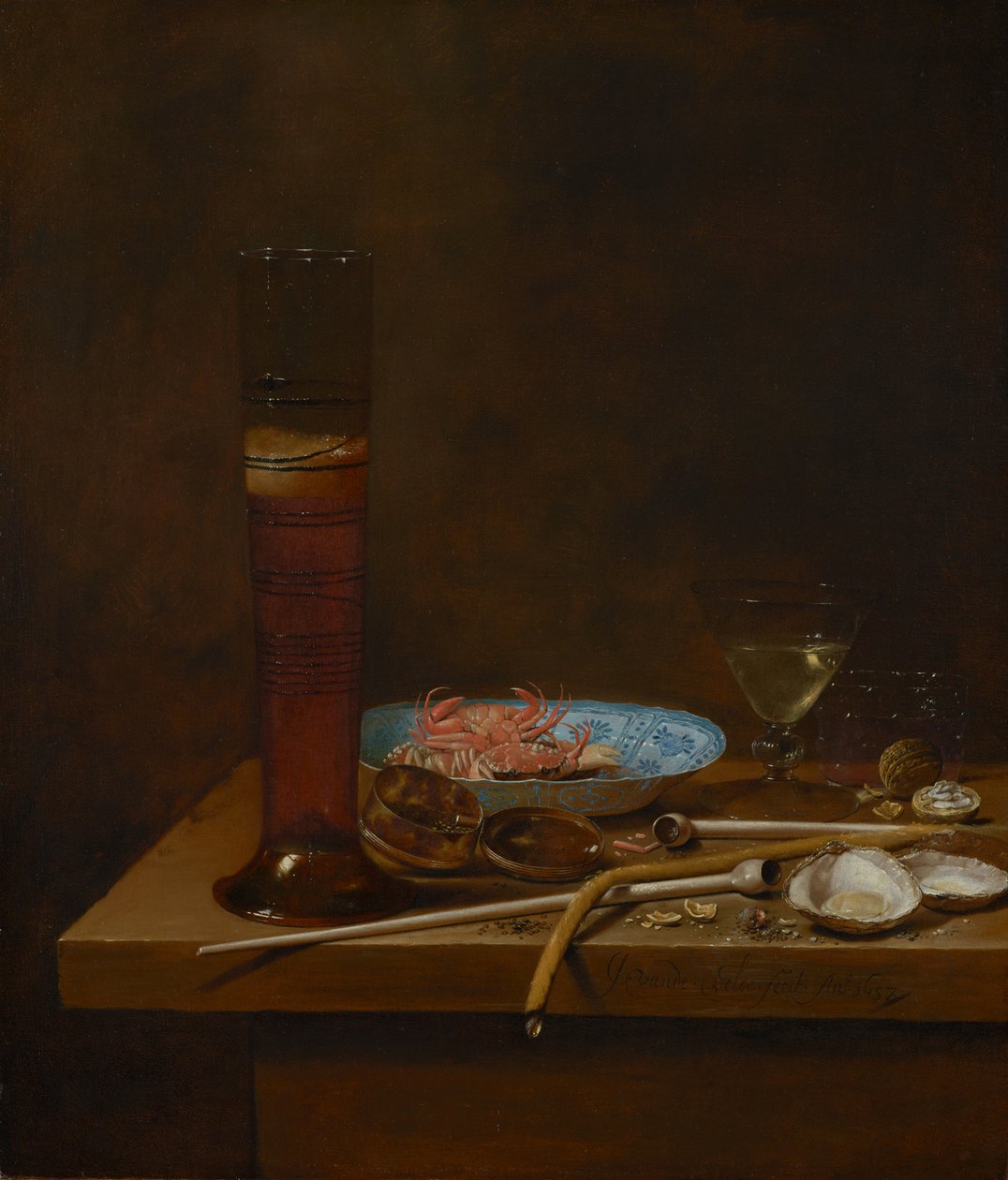 Natureza morta com utensílios para fumar e caranguejos, 1657 de Jan van de III Velde