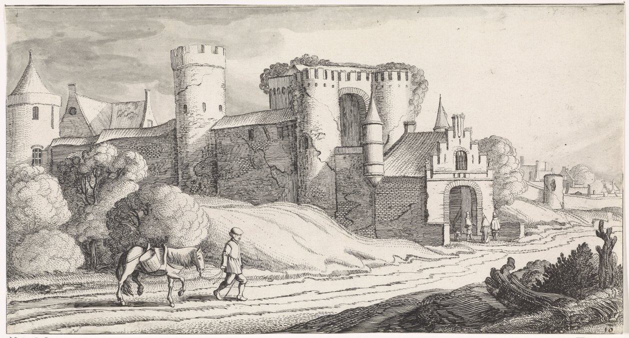 Agricultor com um cavalo em uma estrada passando por um castelo Paisagens Playsante e atrações divertidas (título da série) de Jan van de Velde (II)