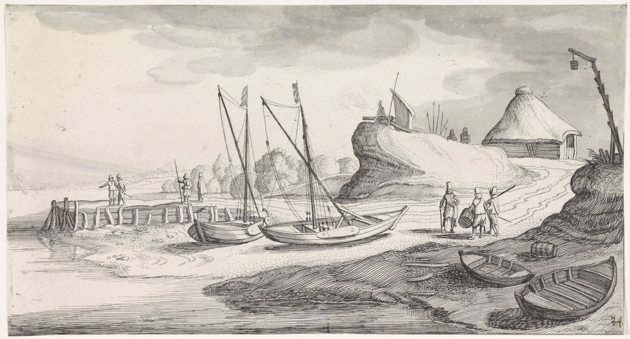 Barcos na margem de um rio
Playsante lantschappen ende vermakelycke gesichten (título da série) de Jan van de Velde (II)
