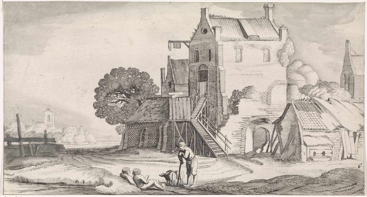 Três figuras conversando em uma pousada Paisagens agradáveis ​​e vistas divertidas (título da série) de Jan van de Velde (II)