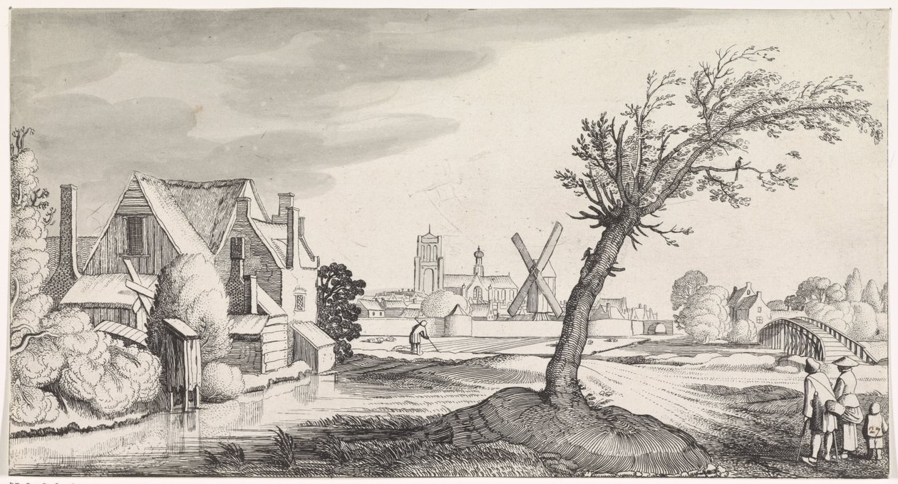 Família em uma casa com uma cidade ao fundo Paisagens Playsante e atrações divertidas (título da série) de Jan van de Velde (II)